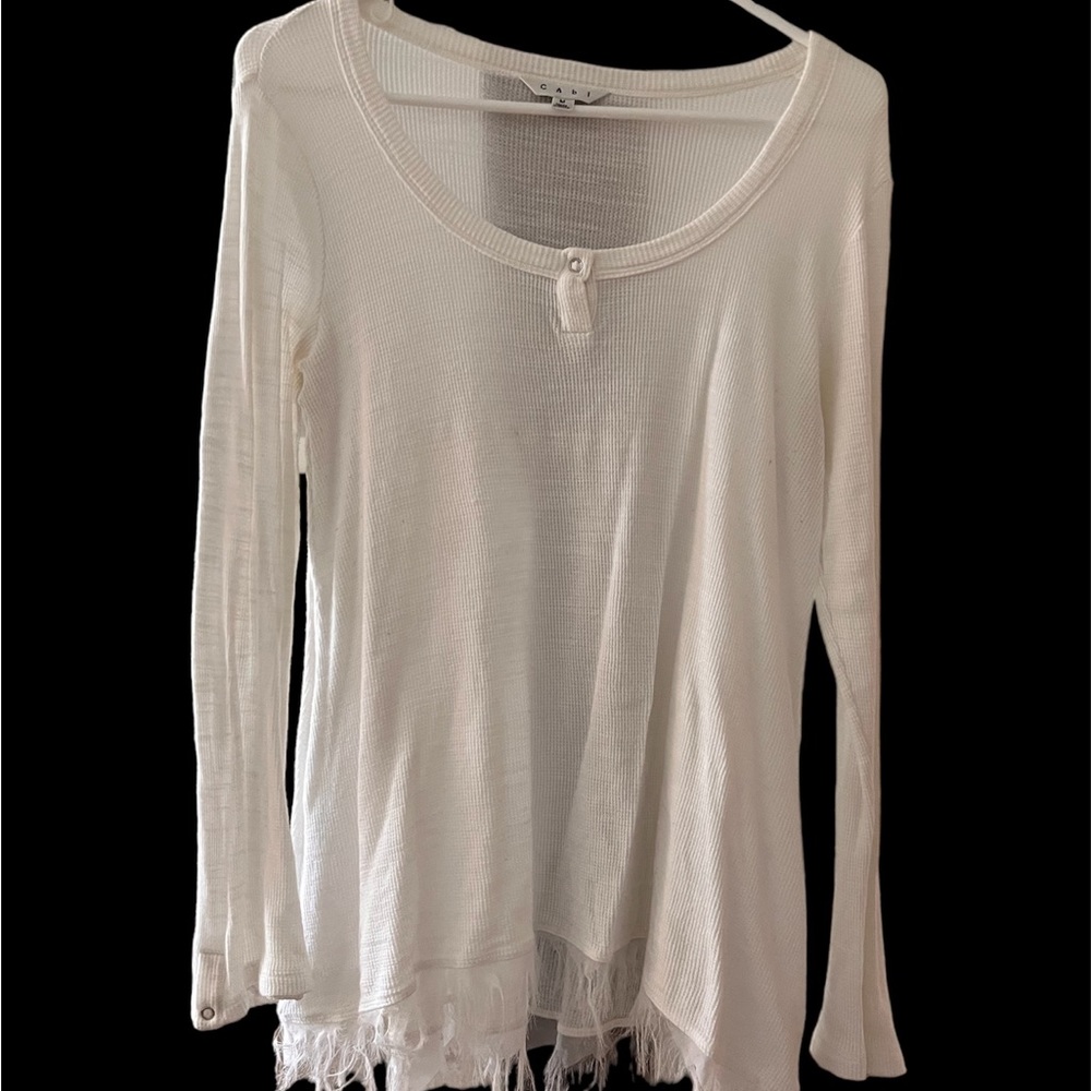 CAbi Cream Lightweight Knit Tunic with Fringe Hem